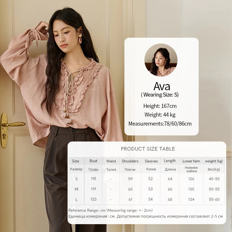 MISHOW Women's Pink Blouse 2025 Autumn Elegant Fold Edge V-collar Bubble Sleeve Top Loose Casual Commute Blouses MXE45X2485