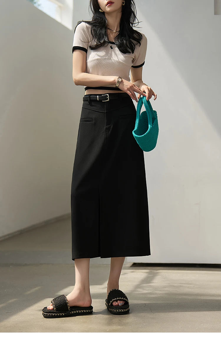 MISHOW Women's Suit Straight Midi Skirt 2025 Summer High Waist Slim Solid Front Fork Female Rear Elastic Waist Skirts MXC15B0026