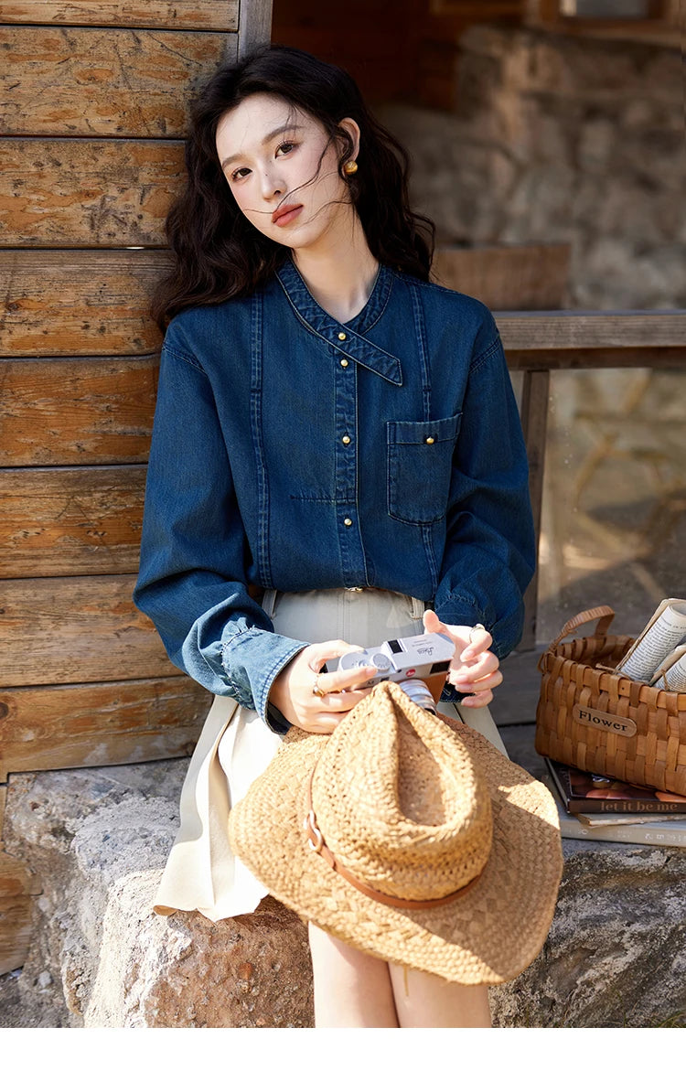 MISHOW 100 Cotton Denim Shirt French Retro Long Sleeved Shirt for Women 2025 Spring Loose Fit O Neck Casual Shirt Top MXE12C0384