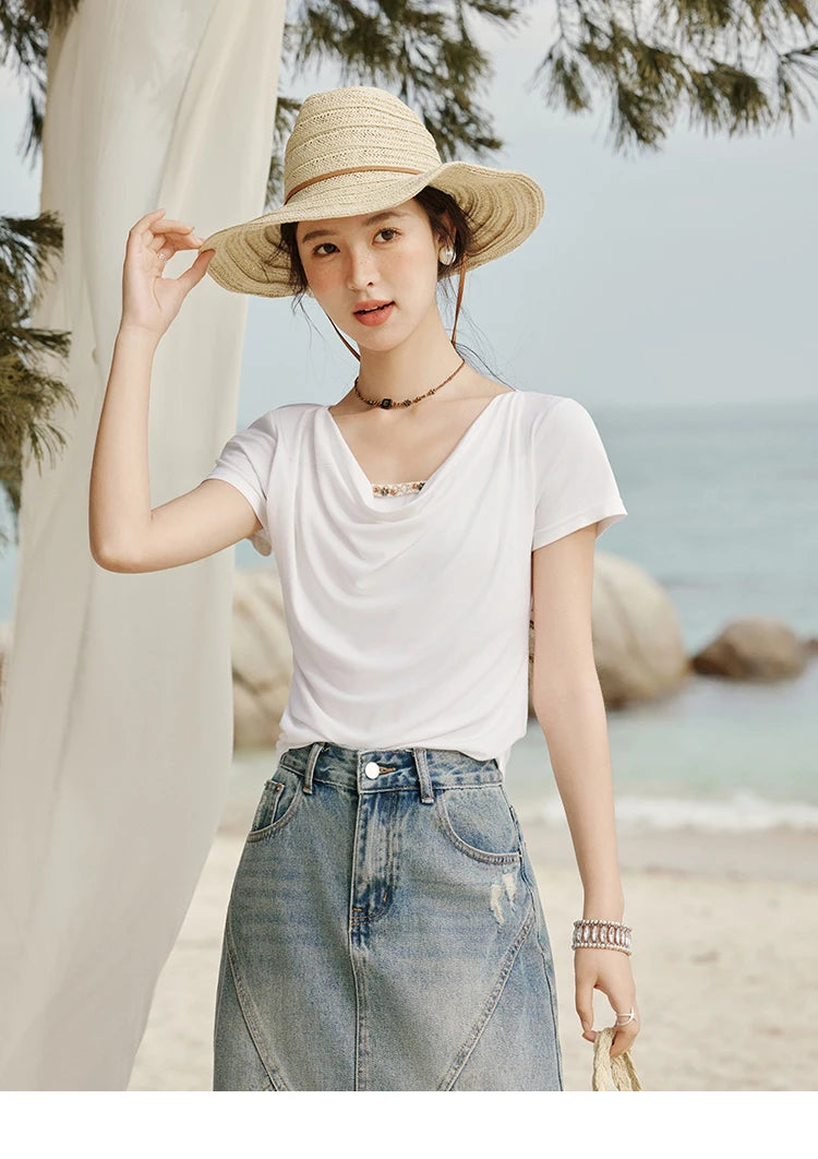 MISHOW Casual Summer Shirts Women 2025 Fashion Short Sleeve Swing Collar Solid T-shirt Female Slim Shell Ribbon Tops MXE33T0524