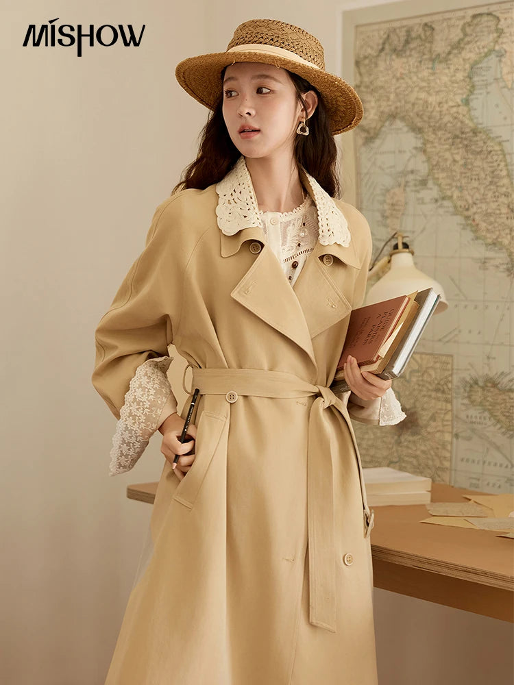 MISHOW Trench Coat Women 2025 Autumn Fashion Light Khaki Lace Long Windbreaker Jacket Long-sleeved Coat with Belt MXE45W0830