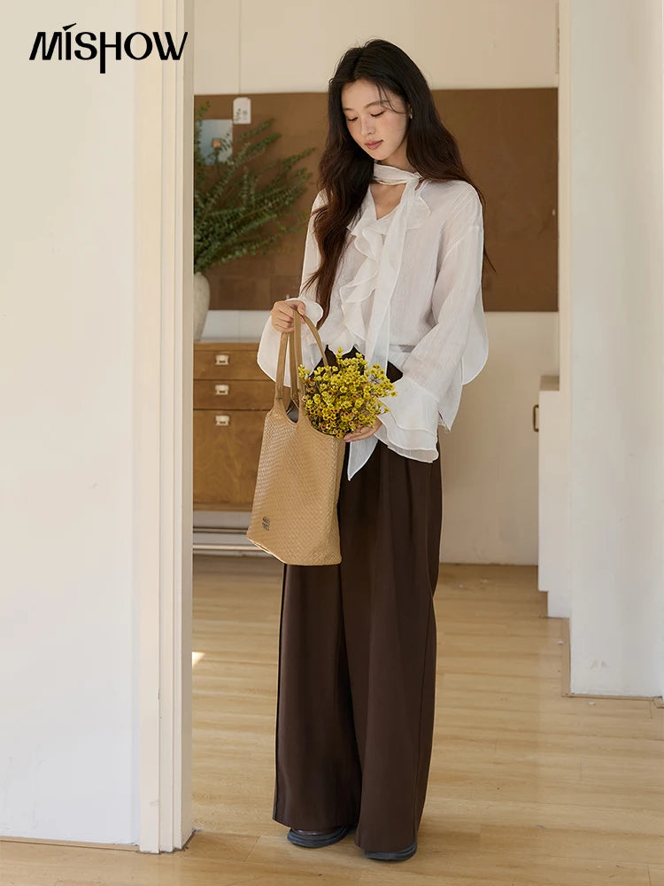 MISHOW Women's Ruffle Trim Chiffon Blouse with Detachable Scarf 2026 Spring Long Sleeve Loose Fit Casual White Top MXF108X0999