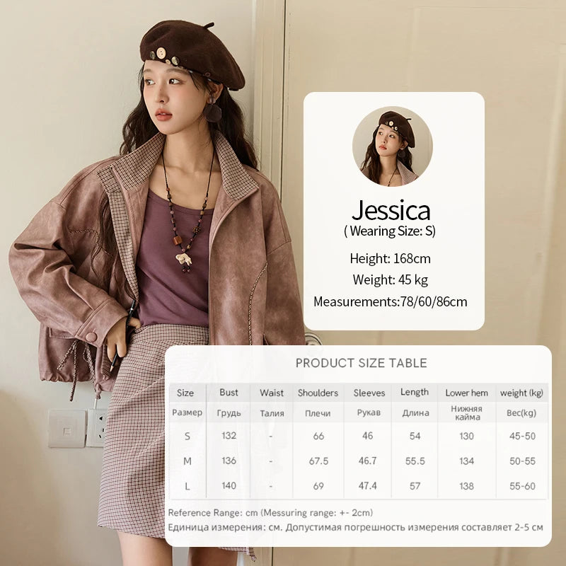 MISHOW Women's Dyed Leather Jackets 2025 Autumn Short Contrasting Plaid Lapel Jacket Fashion Loose Bow Pockets Coat MXE44W0818