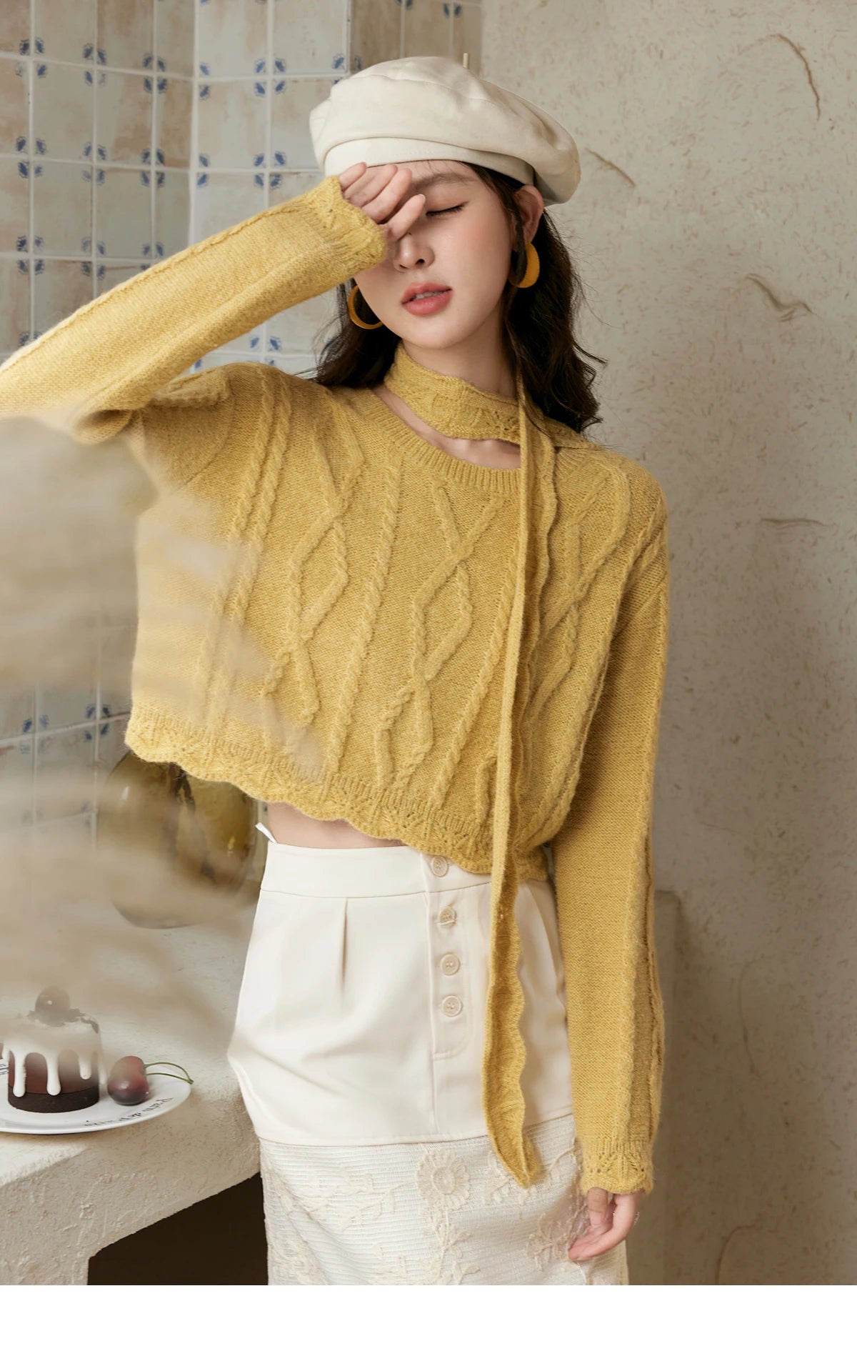 MISHOW Romantic Lace Wave Lace O-neck Knitted Sweater 2024 French Short Top Solid Hollow Elegant Sweater with Belt MPD42Z0736