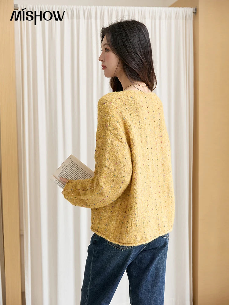 MISHOW Women Long Sleeve Tops 2025 Autumn Retro Yellow Sequins V-neck Sweater Knitted Comfortable Casual Pulllovers MXE47Z2572