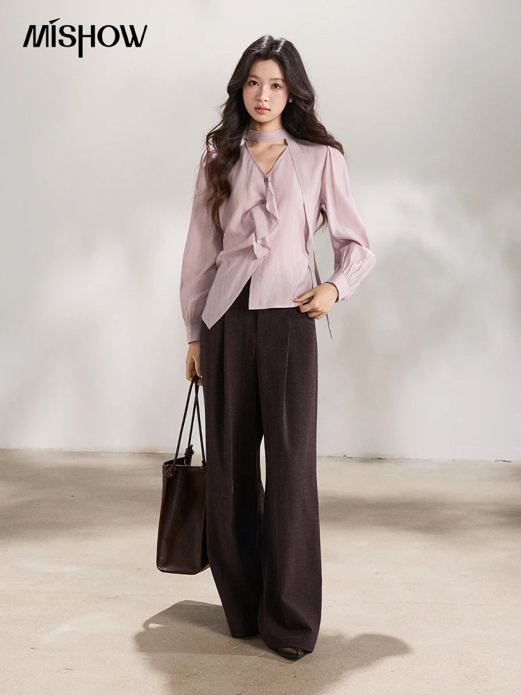 MISHOW Women's Dark Purple Wide Leg Pants 2026 Spring High Waist Pleated Pants Back Elastic Waist Casual Trousers MXF13K1204