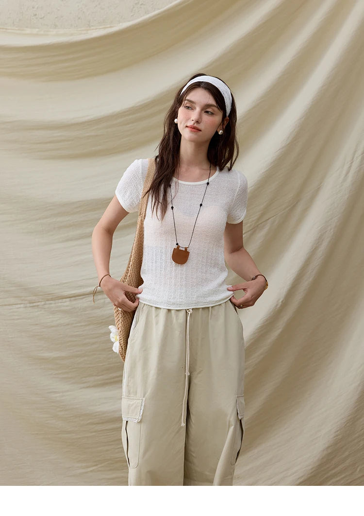 MISHOW Office Lady Women’s T-shirts Summer 2025 Short Sleeve Round Neck Solid Slimming Knitted Shirt Female Fashion MXE34Z1257