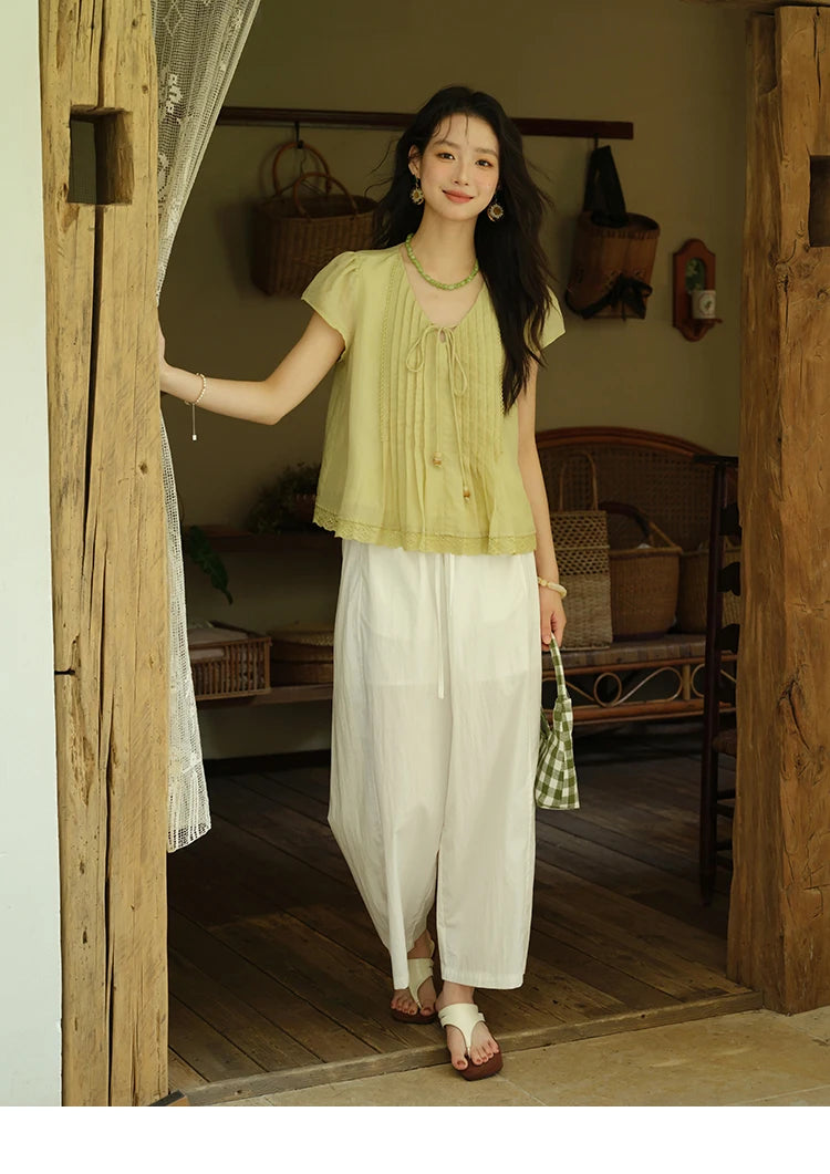 MISHOW V-Neck Lace Up Blouse Flying Sleeve Lace MXE37X1855