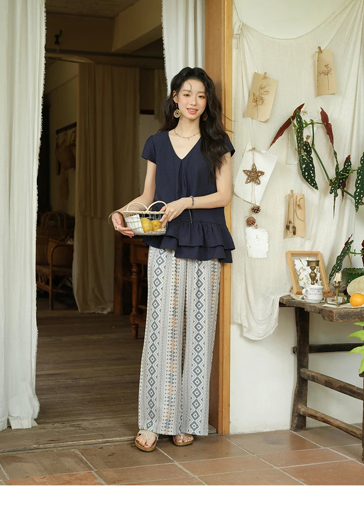 MISHOW Women's Two Piece Set 2025 Summer Spliced Lotus Leaf Edge V-neck Blouse Fashion Geometric Wide Leg Pants Set MXE39T0670