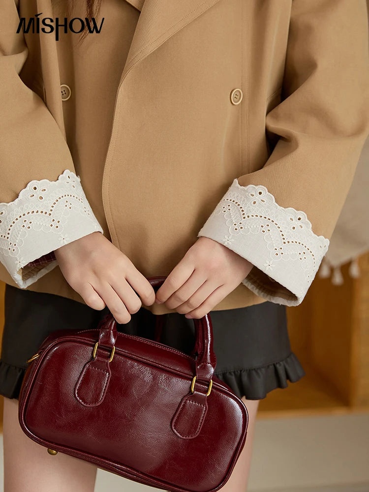 MISHOW Coats for Elegant Women Cotton 2025 Autumn Khaki Ruffled Cuff Splicing Lace Short Trench Coat Casual Jacket MXE45W0831