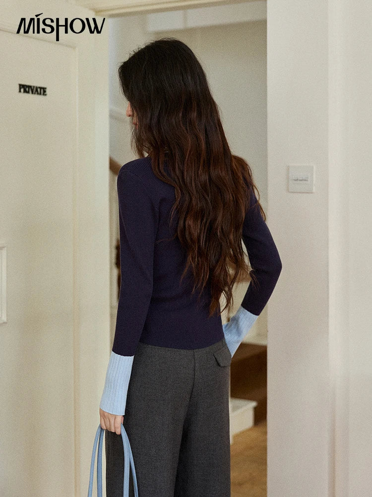 MISHOW Long Sleeves Sweater Women 2025 Winter New Retro Contrast Color Crew Neck Knit Top Comfortable Slim Sweater MXE89Z2639