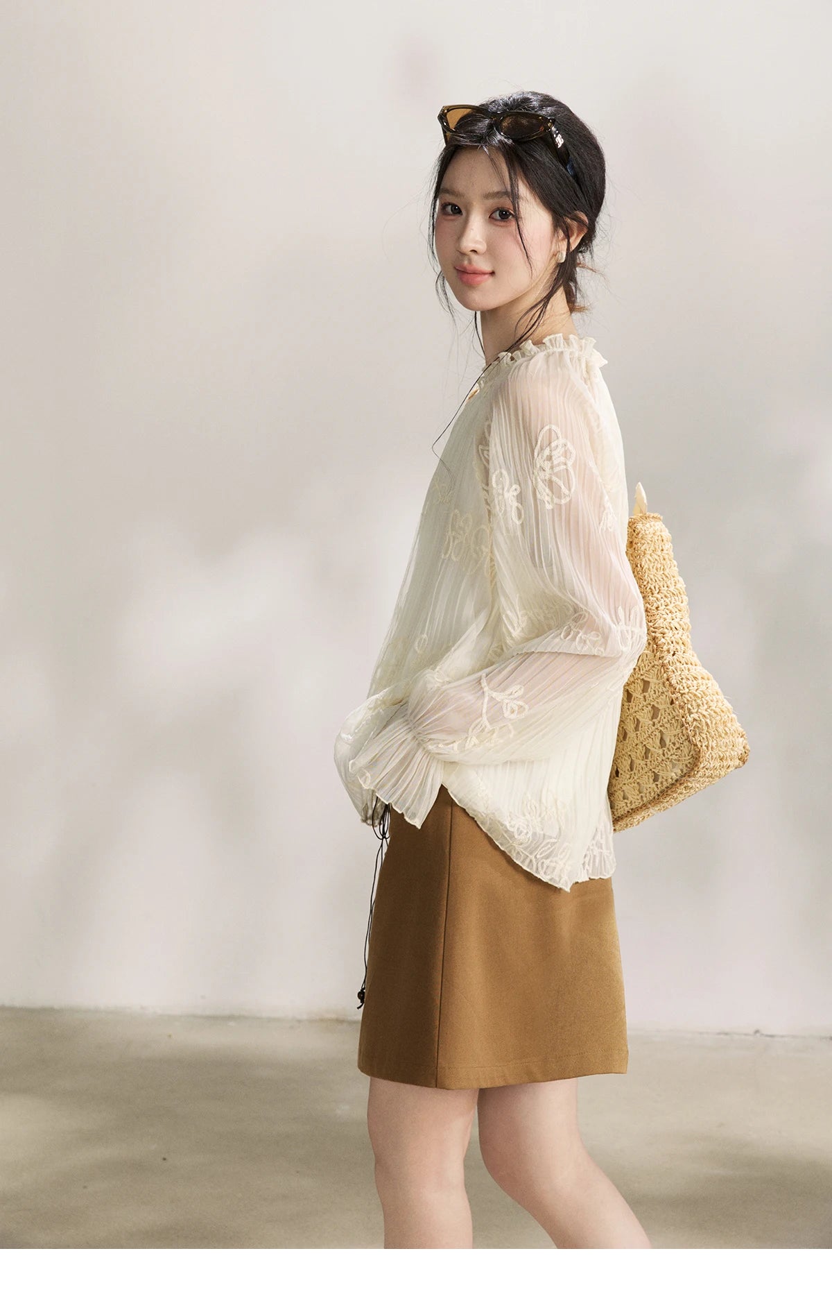 MISHOW Women's Tassel Tie Flower Embroidered Blouse 2026 Spring V-Neck Lantern Sleeves Top Casual Loose Sheer Blouses MXF13X2525