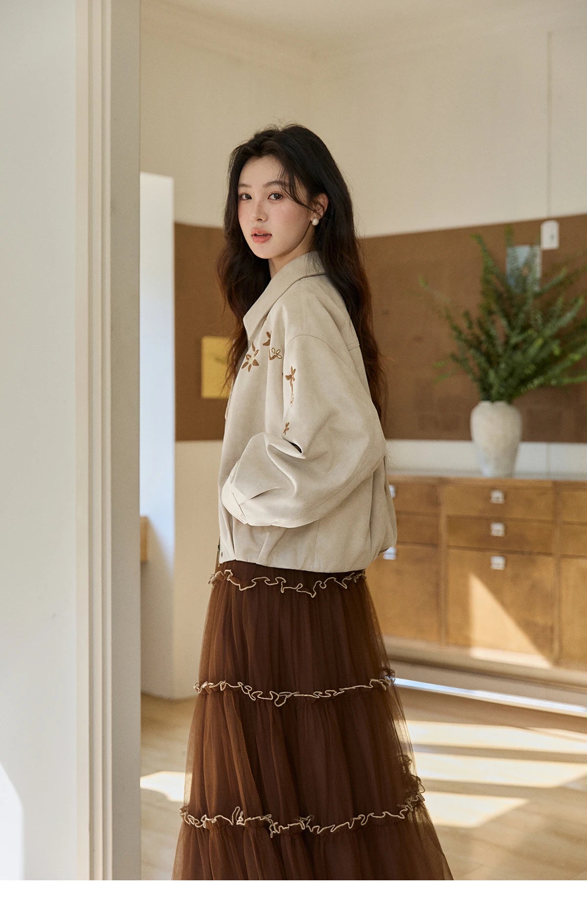 MISHOW Women's Imitation Suede Jacket2026 Spring Floral Embroidery Lapel Zipper Coats Long Sleeve Casual Outerwear MXF11W1027