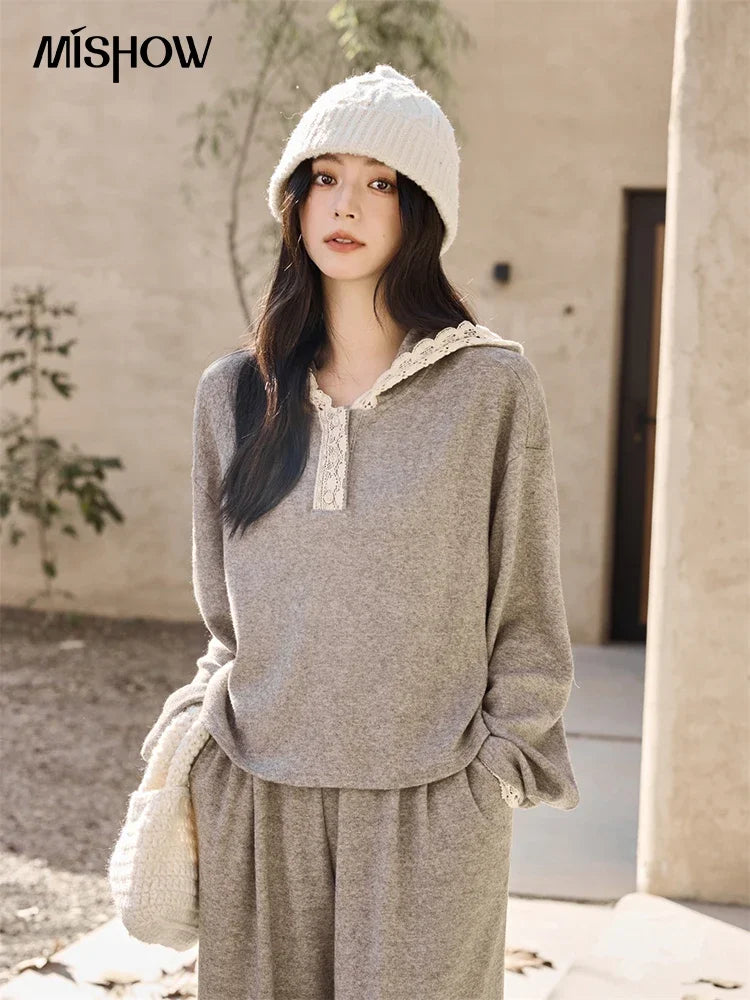 MISHOW Women's Sweatshirt Wide Leg Pants Separately 2025 Fall Winter Lace Splicing Hooded Casual Elastic Waist Pants MXD34V0098