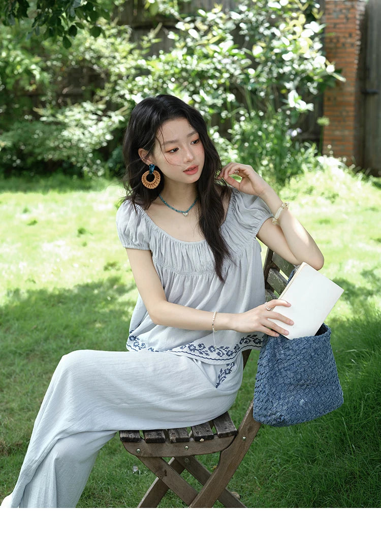 MISHOW Women's Two Piece Set 2025 Summer New Embroidery Flower Round Neck Blouse Fashion Pocket Wide Leg Pants Set MXE39T0669