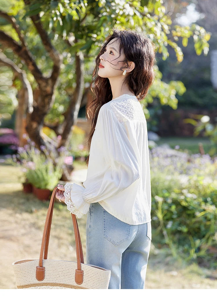 MISHOW Lace Patchwork Shirt for Women Spring 2025 V-neck with Fungus Edge Lace-up Chiffon Top Petal Sleeve Shirts MXE13X1713