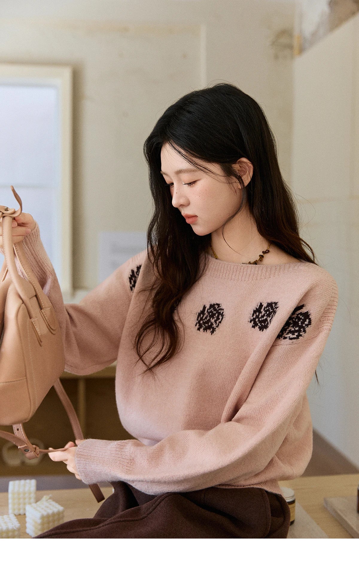 MISHOW Pink Jacquard Sweater for Women Fall Winter 2025 Lantern Sleeve Tops Shoulder Drop Thickened Knitted Sweater MXE91Z2775