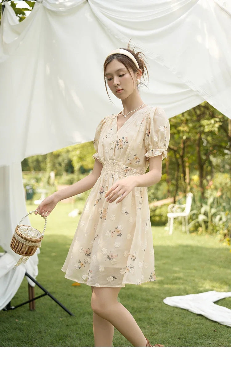 MISHOW Women's Chiffon Dress 2025 Summer French Elegant Floral Embroidered A-LINE V-Neck Sweet Knee-Length Dresses MXC38L1424