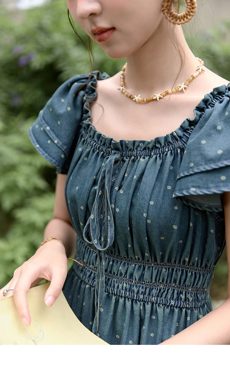 MISHOW Lace Up Flying Sleeve Polka Dot Dress Summer 2024 High Waist Pleated Long Dresses Square Neck Denim Dress MXD30L2022