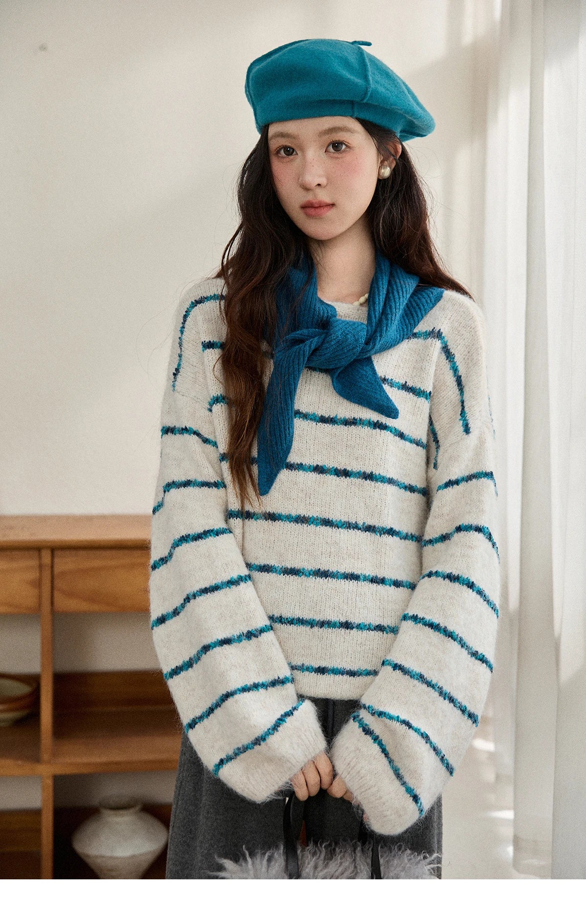 MISHOW Women's Blue Striped Sweater 2025 New Alpaca Wool Shawl Scarf Set Retro Loose Casual Knit Top Winter Clothes MXE90Z2821