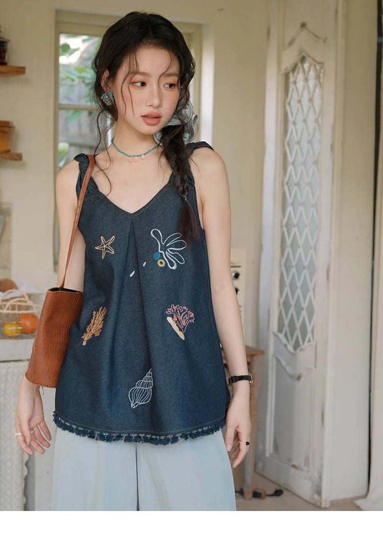 MISHOW Women's Fashion Strap Vest Summer 2025 Embroidery Lace Sleeveless Lady Camis Casual Vacation Tassel Denim Top MXE37X1860