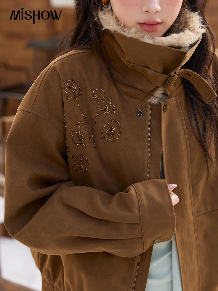 MISHOW Brown Suede Jacket for Women 2025 Winter New Detachable Fur Collar Coat commute Long Sleeve Zipper Jacket MXE51W0876