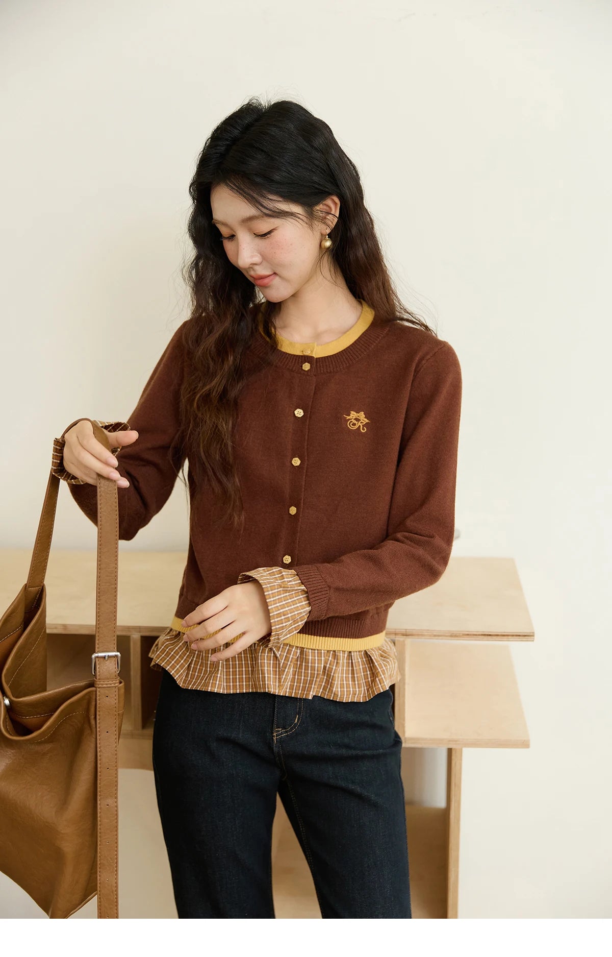 MISHOW Fake Two Knitted Sweaters Autumn Retro Color Contrasting Bow Embroidered Sweater Hemp Cuff Splicing Plaid Top MXE46Z2495