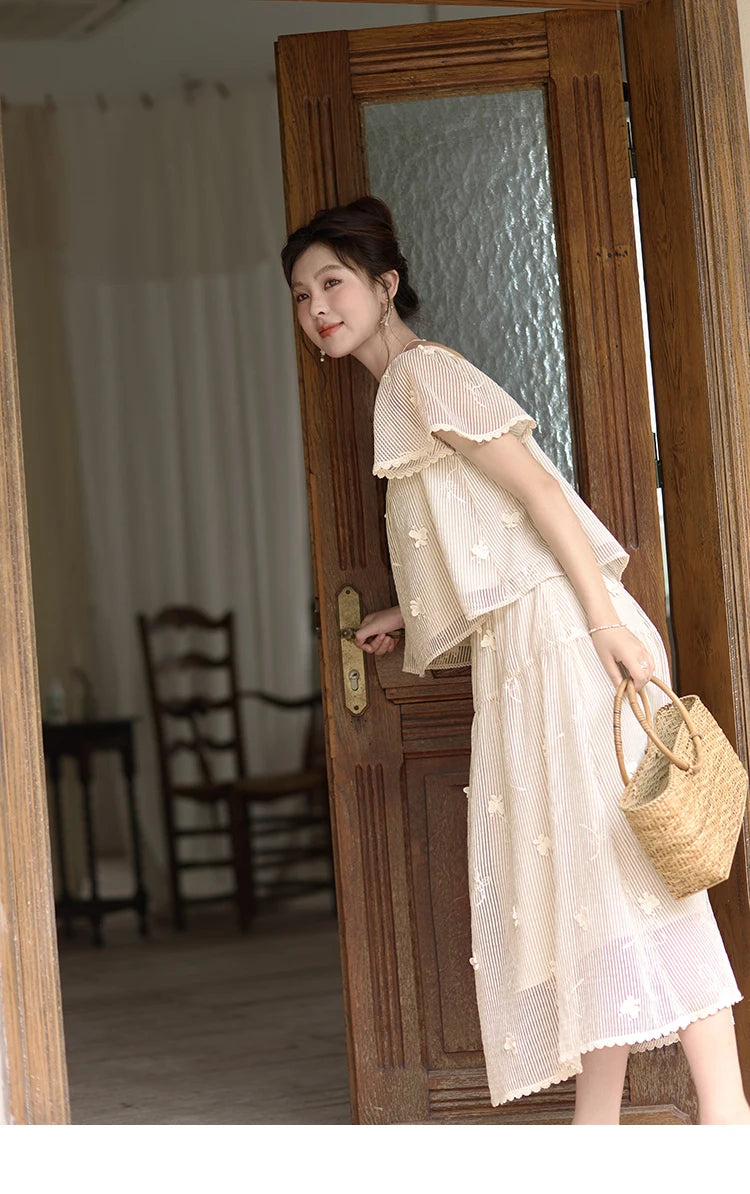 MISHOW Elegant Butterfly Flying Sleeve Blouses Elastic Waist Skirt Separately Summer Back Lace-up Top Midi Skirts MXD29X1559