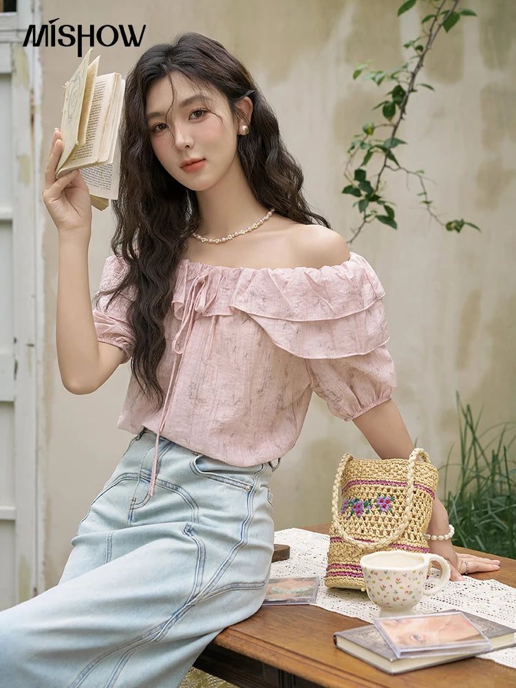 MISHOW French Retro Floral Short Sleeve Blouses Summer 2025 Loose One Line Shoulder Ruffled Edge Lace Up Sweet Top MXD25X1520