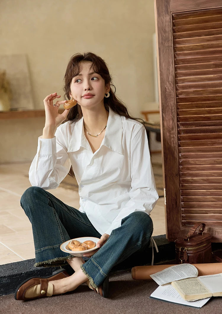 MISHOW French Side Placket Asymmetric Shirt Autumn 2025 Pleated Waist Lapel Shirts Long Sleeve Loose Commuter Tops MXD45C0357