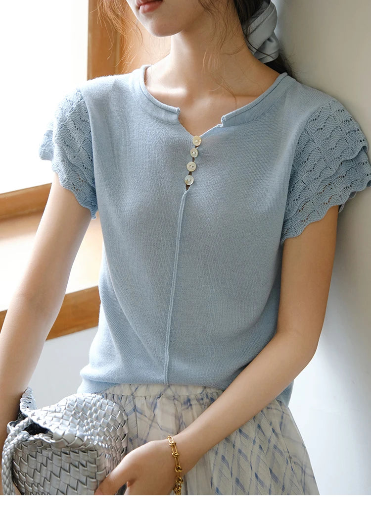 MISHOW Sheep Wool Knitted T-shirt for Women 2025 Summer New Button O-Neck Short Sleeve Blue Top Female Clothing MXE34Z1262