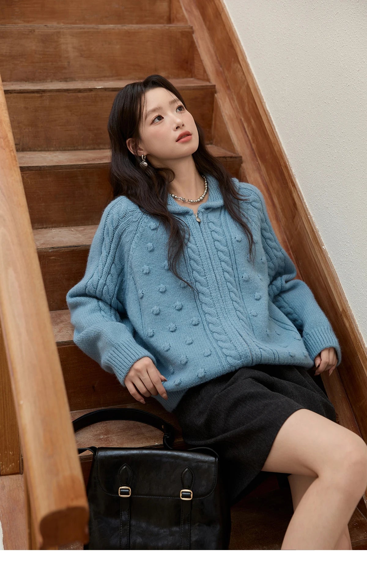 MISHOW Zipper Knit Cardigan Women 2025 Winter Yellow Turn-down Collar Loose Thick Sweater Luxury Comfort Casual Top MXE49Z2619