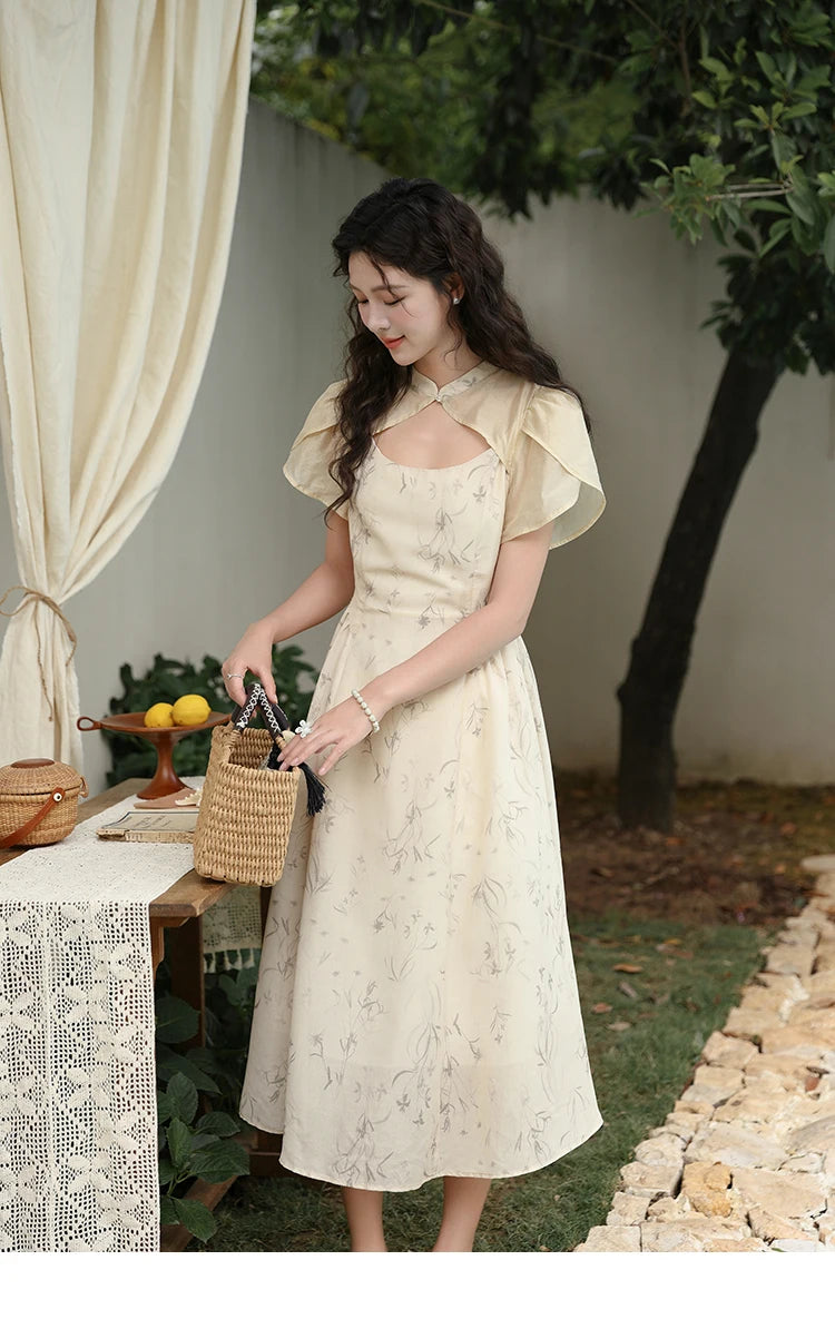 MISHOW Chinese Improved Cheongsam Floral Dress for Women 2024 Summer Hollow Out Fake Two-piece Printed Chiffon Dress MXD23L1799