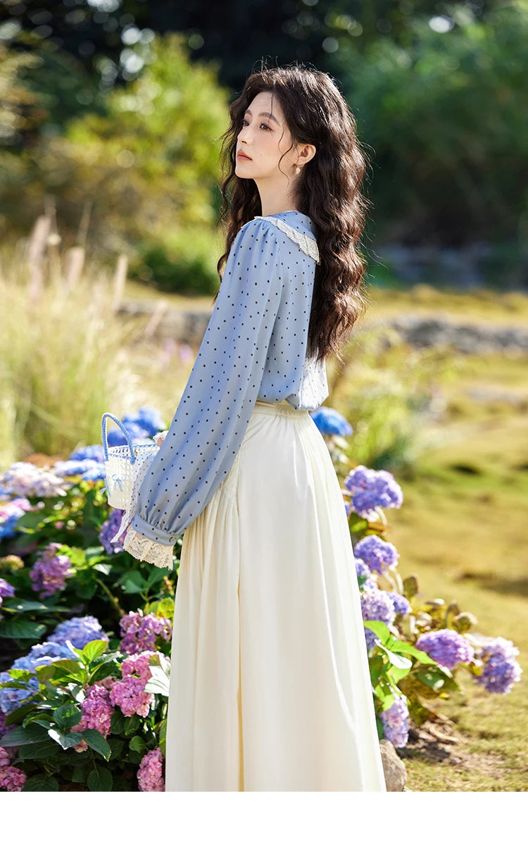 MISHOW Lace Patchwork Polka Dot Shirt for Women Spring 2025 French V-neck Shirt Cuff Splic with Hollowed Out Lace Top MXE12X1707