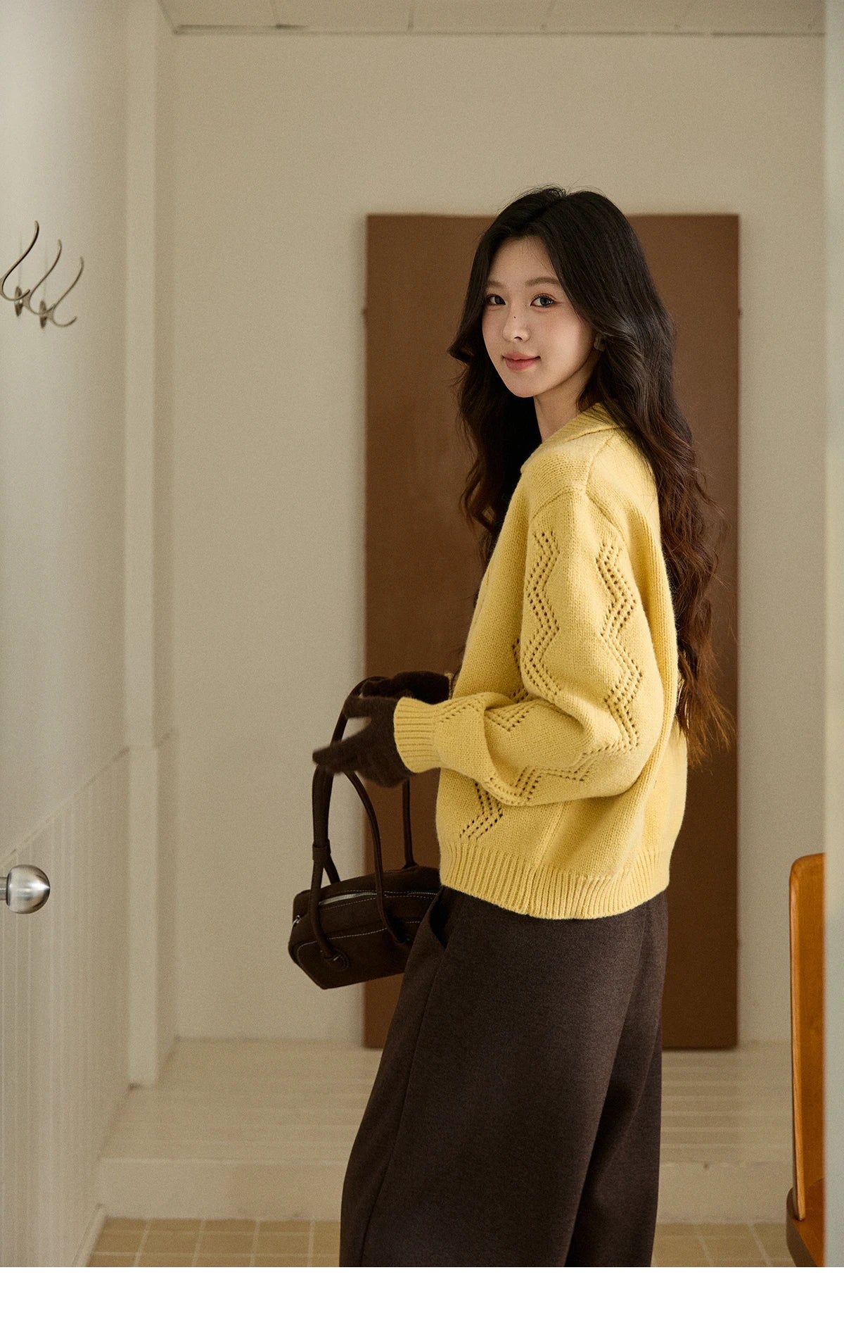 MISHOW Women's Hollow Pattern Knitted Cardigan 2025 Winter Yellow Lapel Single Breasted Sweater Loose Pullover Tops MXE94Z2961