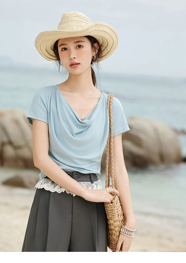 MISHOW Casual Summer Shirts Women 2025 Fashion Short Sleeve Swing Collar Solid T-shirt Female Slim Shell Ribbon Tops MXE33T0524