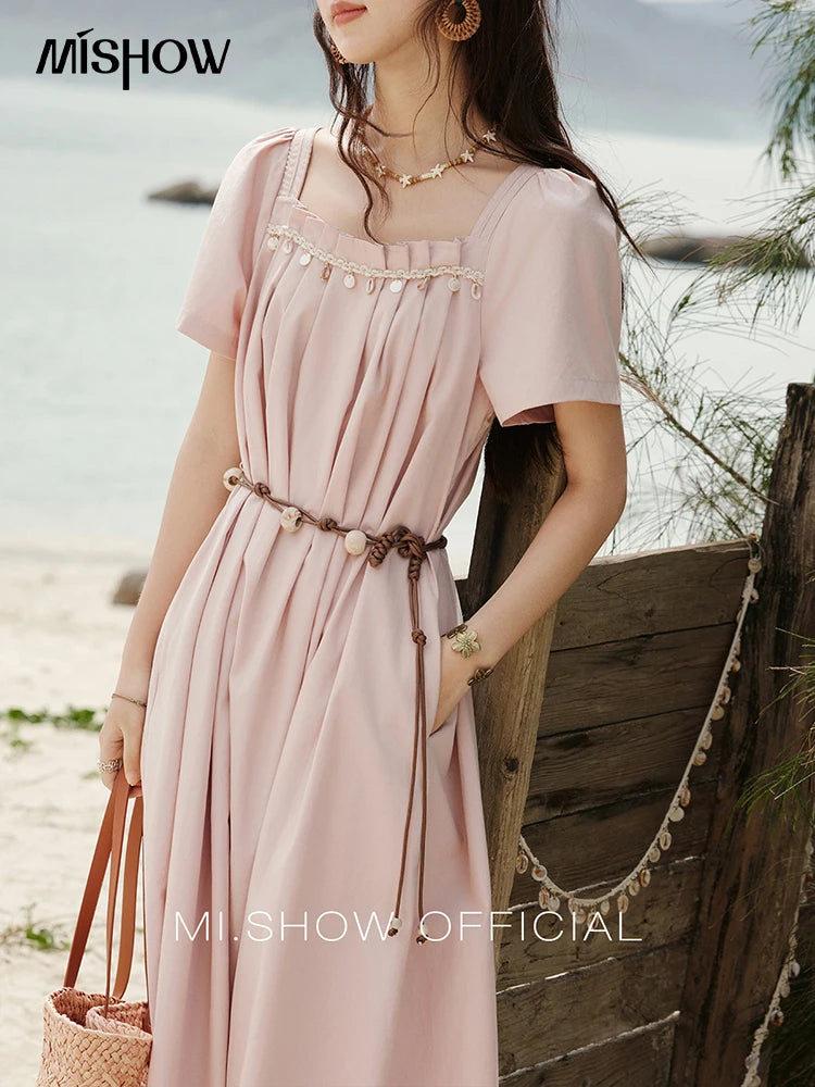 MISHOW Bohemian Pink Women‘s Summer Dresses Women 2025 Short Sleeve Square Collar with Belt Dress Lady New Fashion MXE33L2158