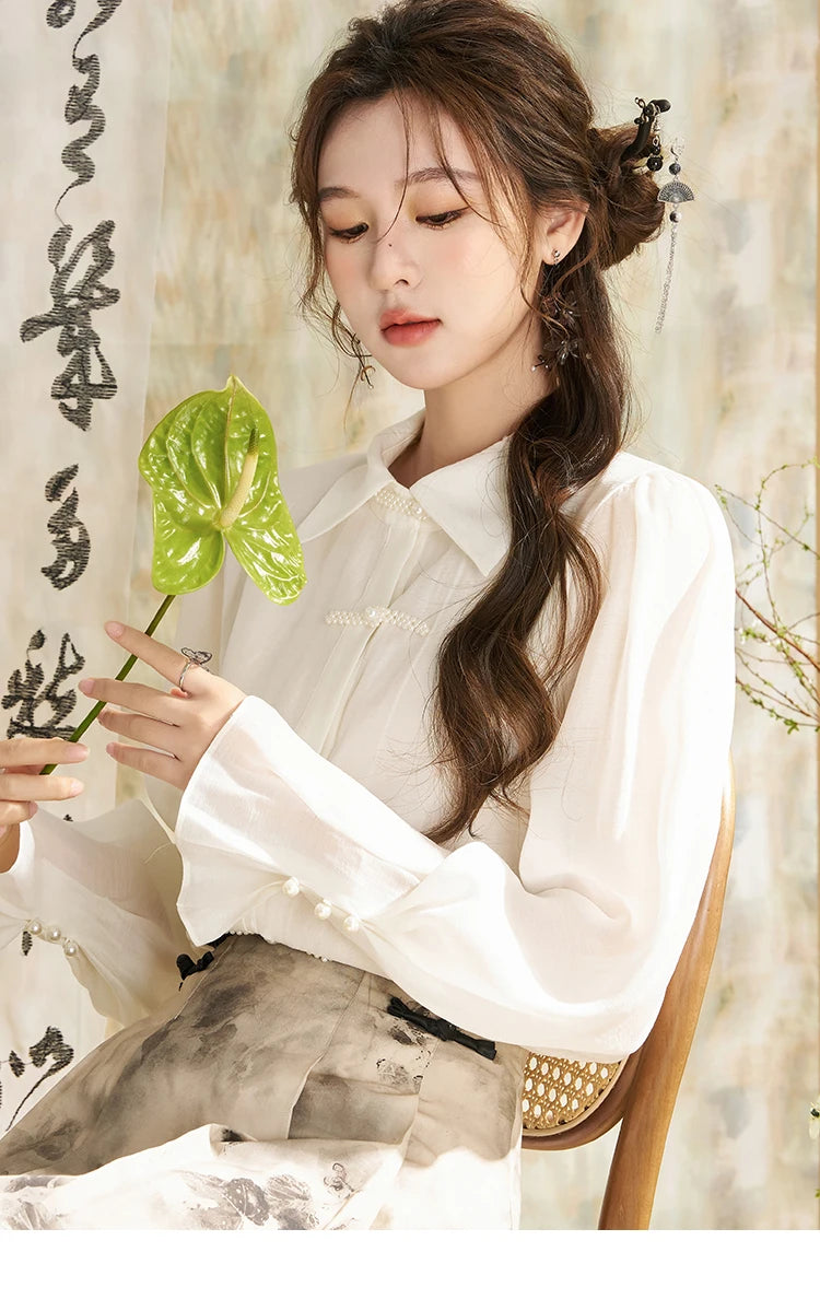 MISHOW Chinese Style Lapel Shirt 2024 Spring Retro Button Pearl Embellishments Folded Cuffs Petal Sleeve Loose Top MXD11X1344