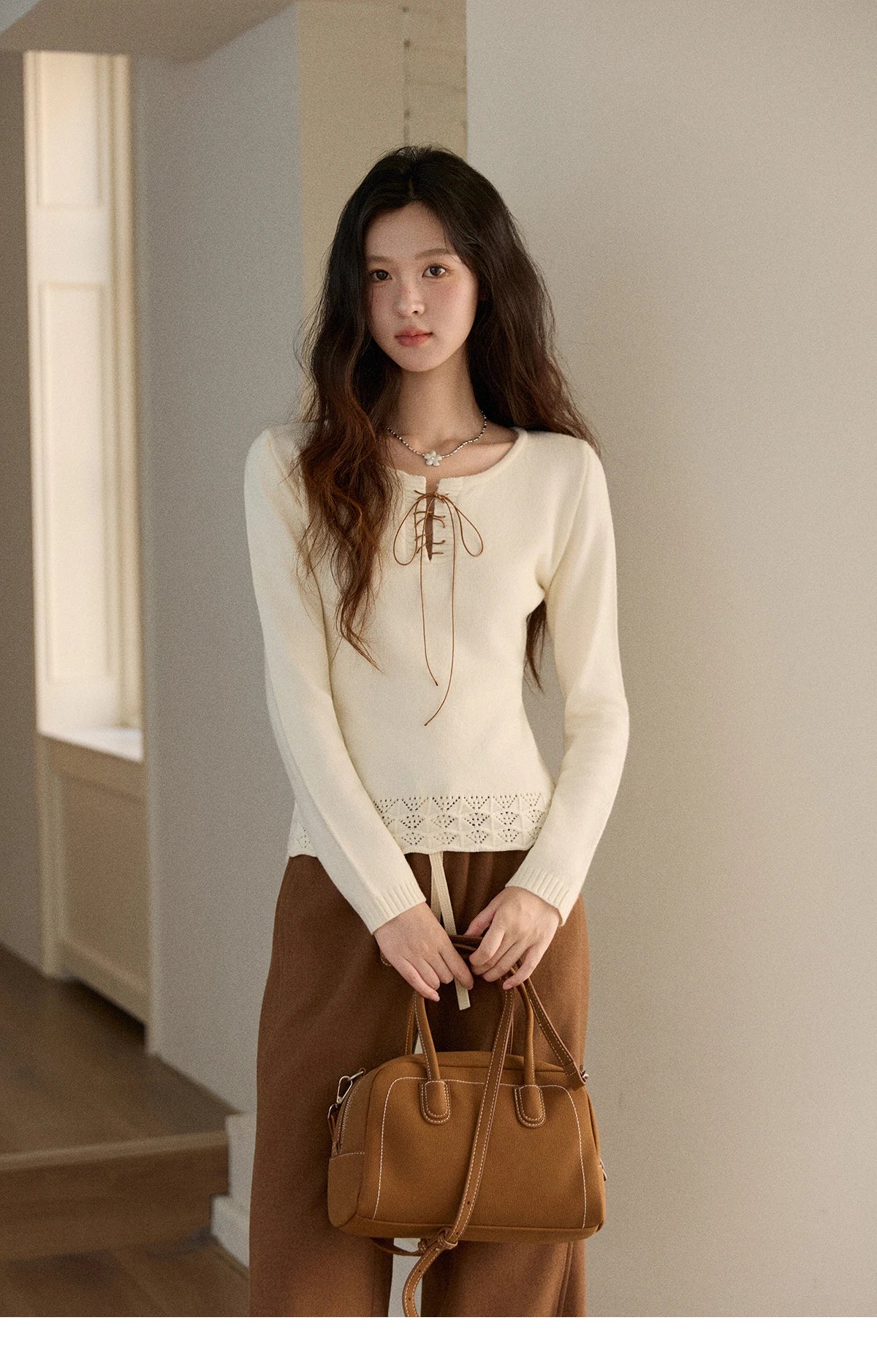 MISHOW Woman Beige Knit Top 2025 Winter Contrast Color French Style Hem Hollow Crochet Sweater Slim Long Sleeves Top MXE89Z2634