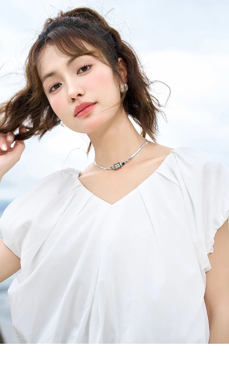 MISHOW Soft Blouses for Women 2025 Summer French Rear Collar Tie Up Solid Short Sleeve Solid V Neck Puff Sleeve Tops MXC38X1275