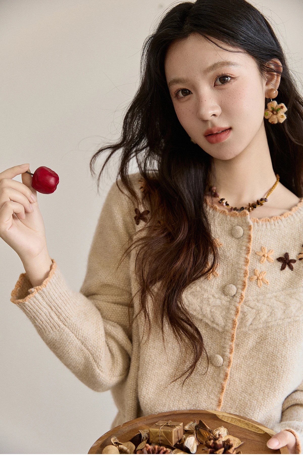 MISHOW Women's Apricot Hand-Embroidered Cardigan 2025 Winter Wool Blend Sweater Waist Tie Crochet Thick Warm Knitwear MXE87Z2702