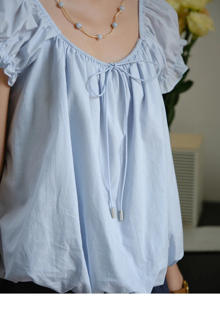 MISHOW 100% Cotton Blouse for Women 2025 Summer New Fashion Puff Sleeve Casual Commute Lace Up Top Ladies Clothing MXE37X1893