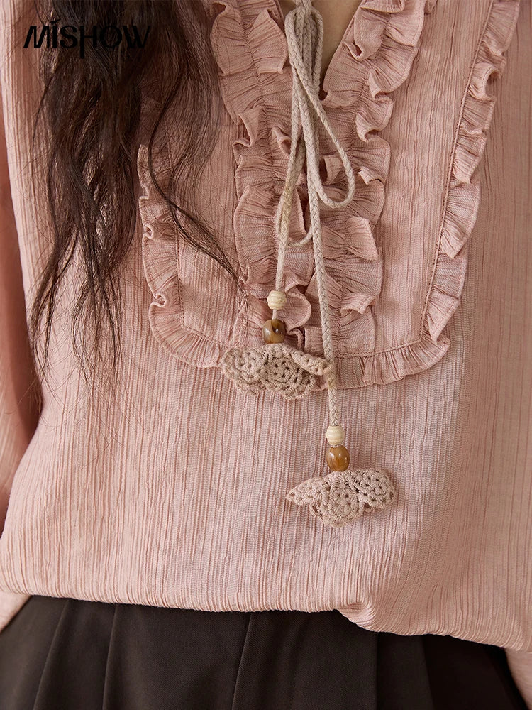 MISHOW Women's Pink Blouse 2025 Autumn Elegant Fold Edge V-collar Bubble Sleeve Top Loose Casual Commute Blouses MXE45X2485