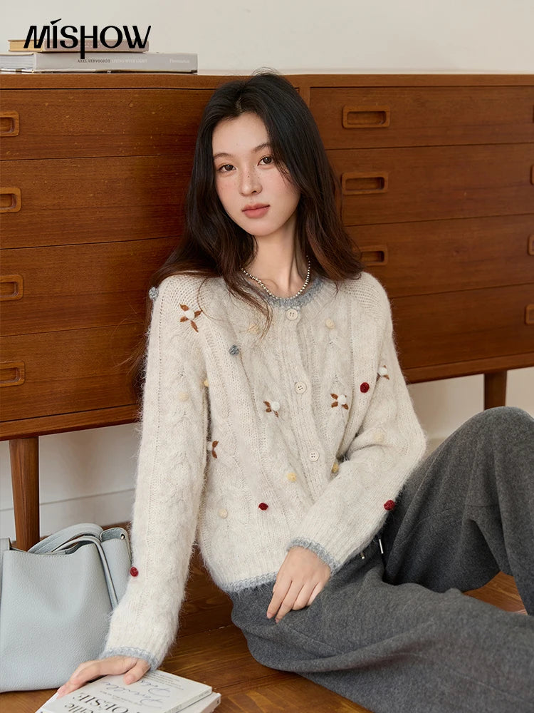 MISHOW Hand-crocheted Knitted Cardigan for Women 2025 Autumn Luxury Long Sleeves Wool Blended Loose Casual Tops MXE48Z2575