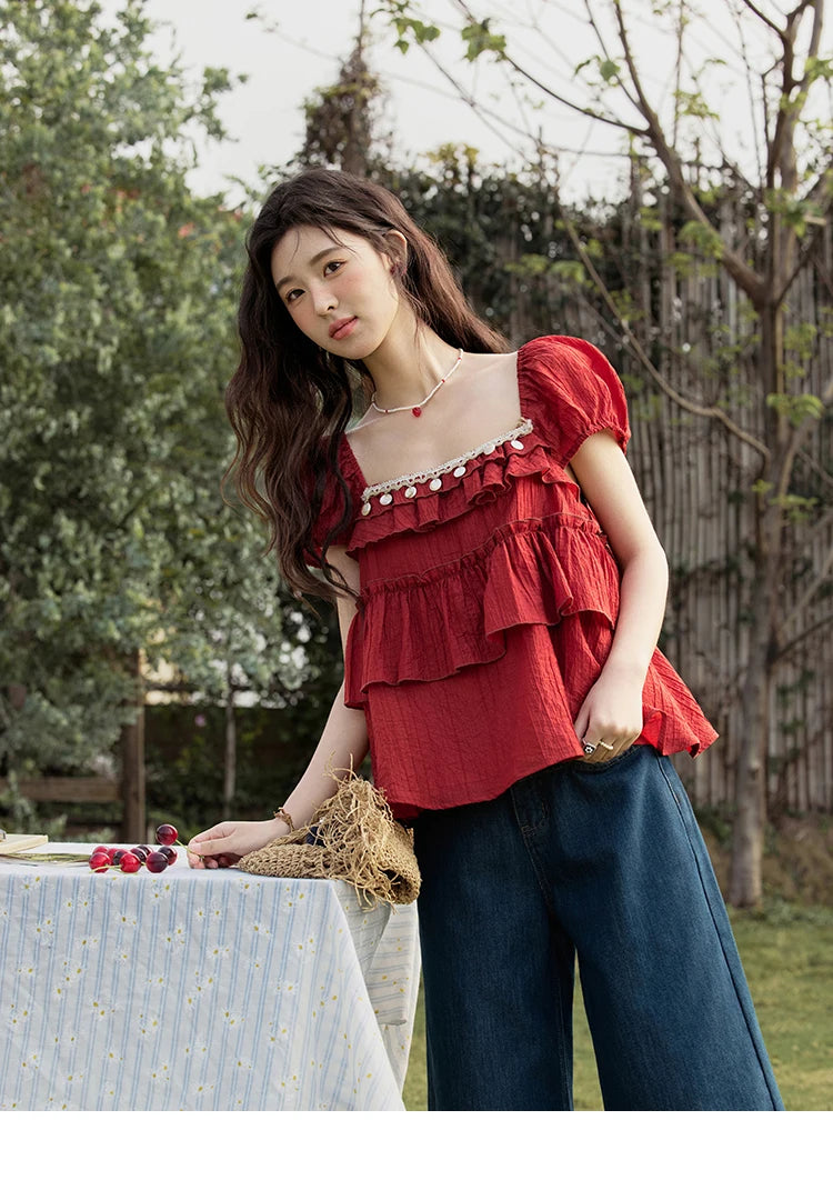 MISHOW French Summer Blouse Women New 2025 Short Sleeve Square Collar Cake Ribbon Shirts Female Fashion Slimming Tops MXE33X1763