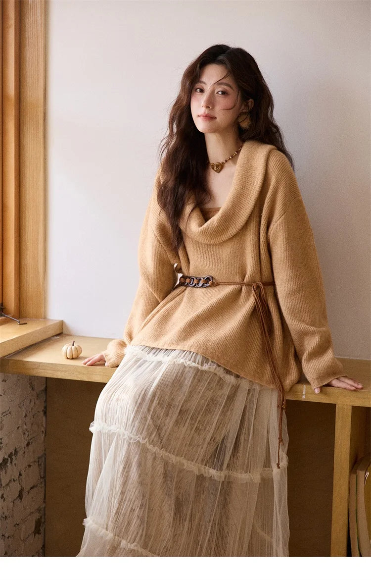 MISHOW Women's Orange Sweater 2025 Winter French Style Luxury Loose Long-sleeved Sweater Vest Belt Three-piece Set MXE86T1437