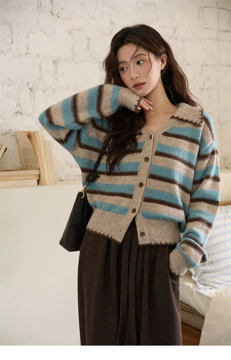 MISHOW Striped Cardigan for Women 2025 Winter Retro Unique Design V-neck Single-breasted Sweater Wool Long Sleeve Top MXE87Z2681