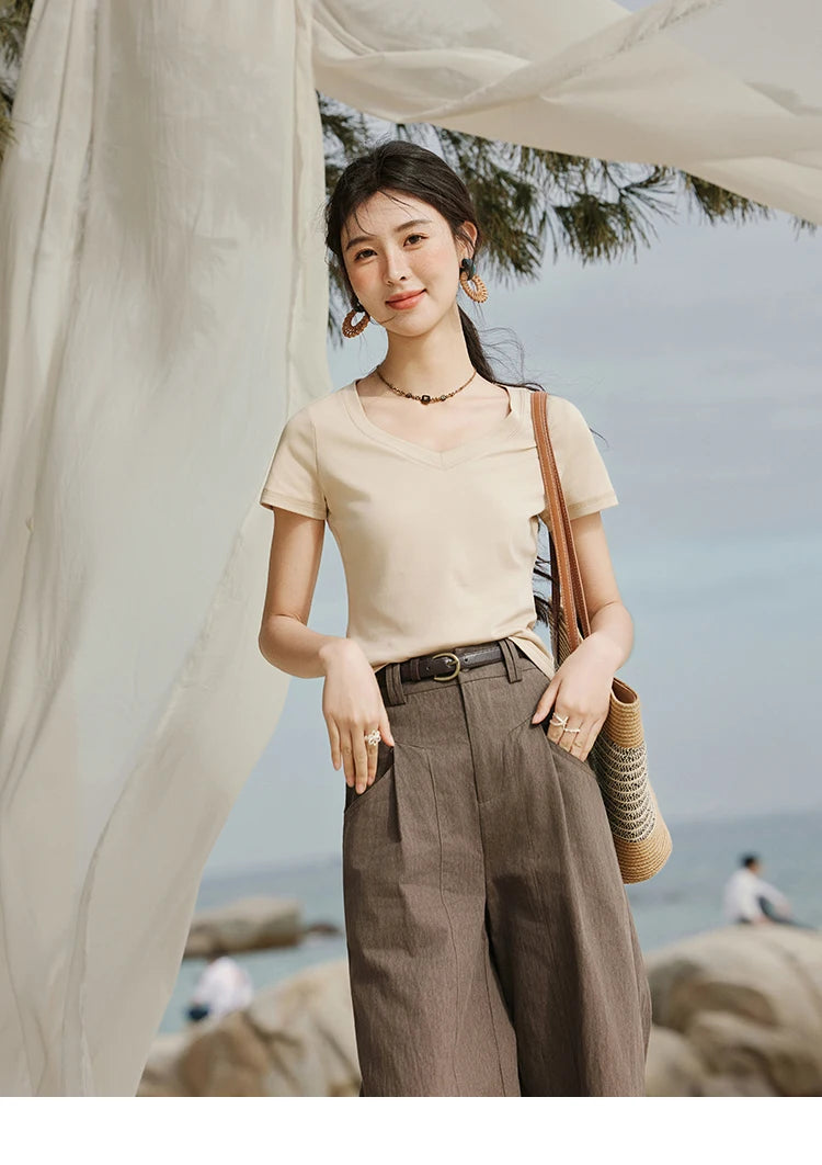 MISHOW Cotton Casual T-shirts Women New 2025 Short Sleeve V-neck Solid Versatile Shirt Female Fashion Basic Tops Lady MXE33T0519