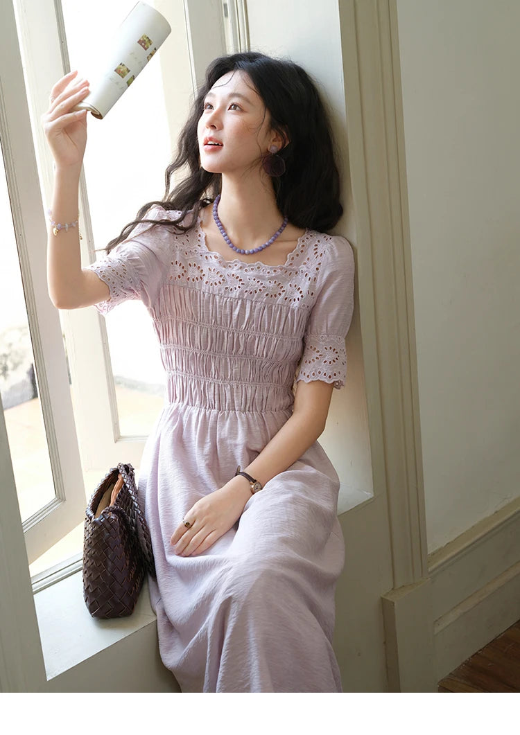 MISHOW Puff Sleeve Dress for Women 2025 Summer New Square Neck Fashion Lace Hollow Purple Dresses Female Clothing MXE39L2406