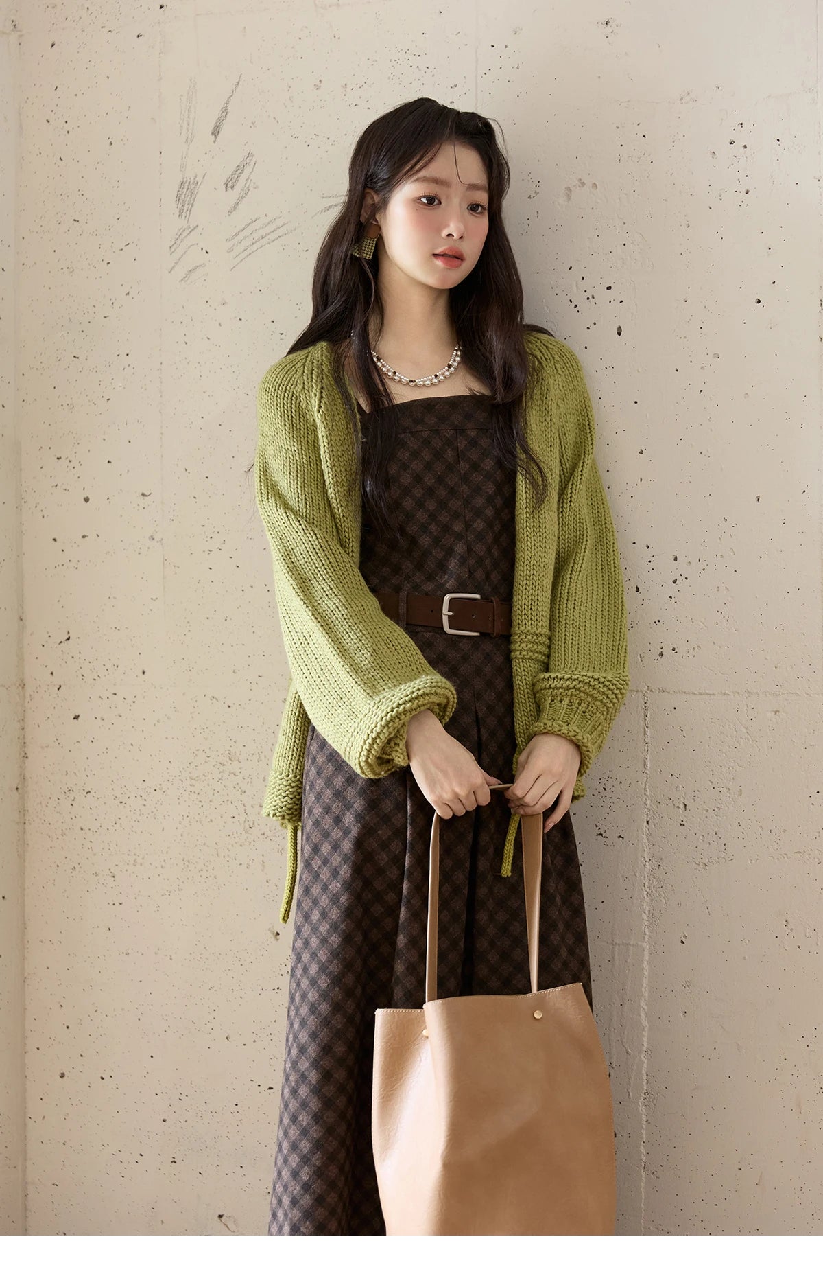 MISHOW Women's Avocado Green Knitted Cardigan 2025 Winter Lantern Sleeve Sweater Female V-neck Lace-up Loose Cardigan MXE51Z2694